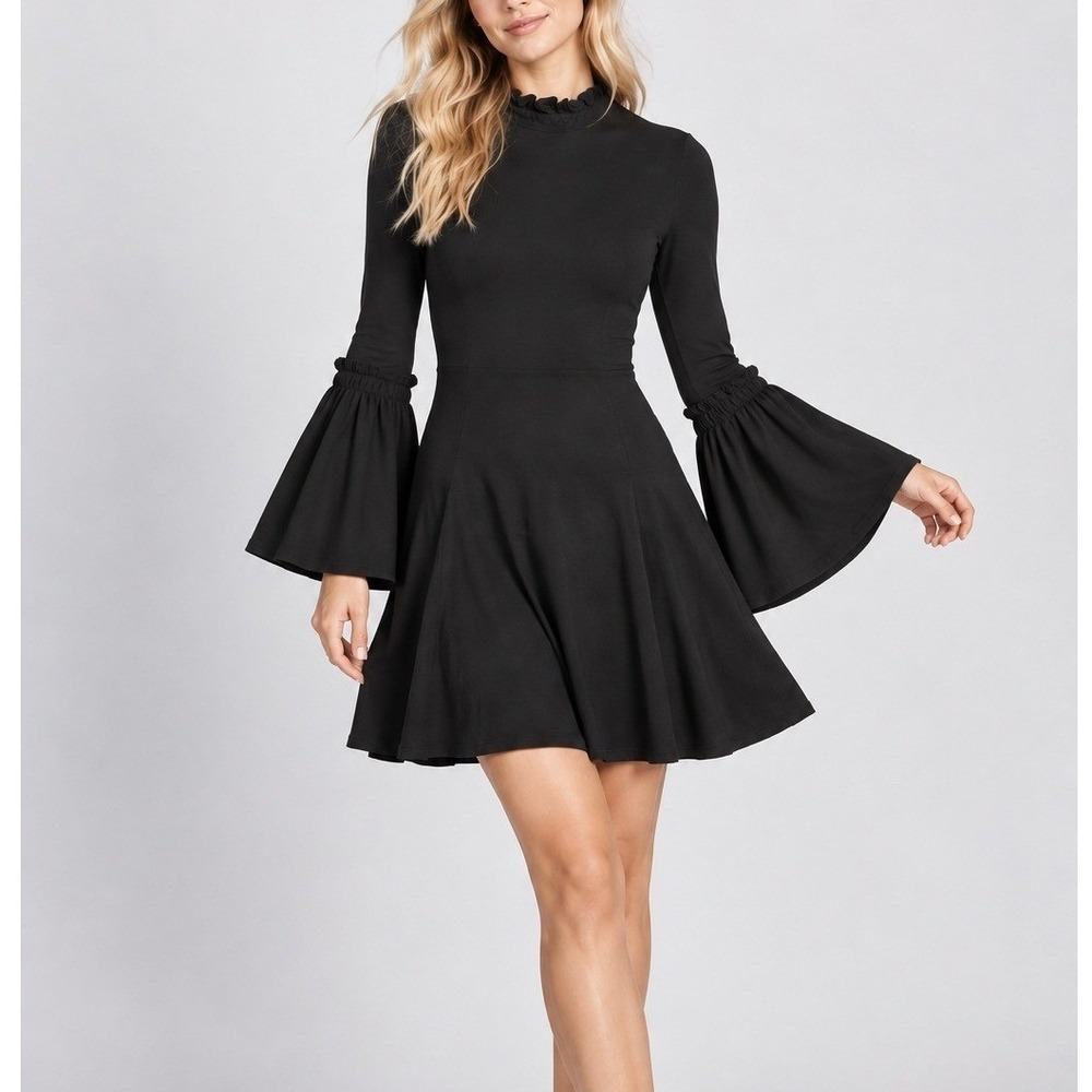 Topshop Black Ribbed Ruffle Neck Bell Sleeve Mini Dress Witchy Victorian US 6